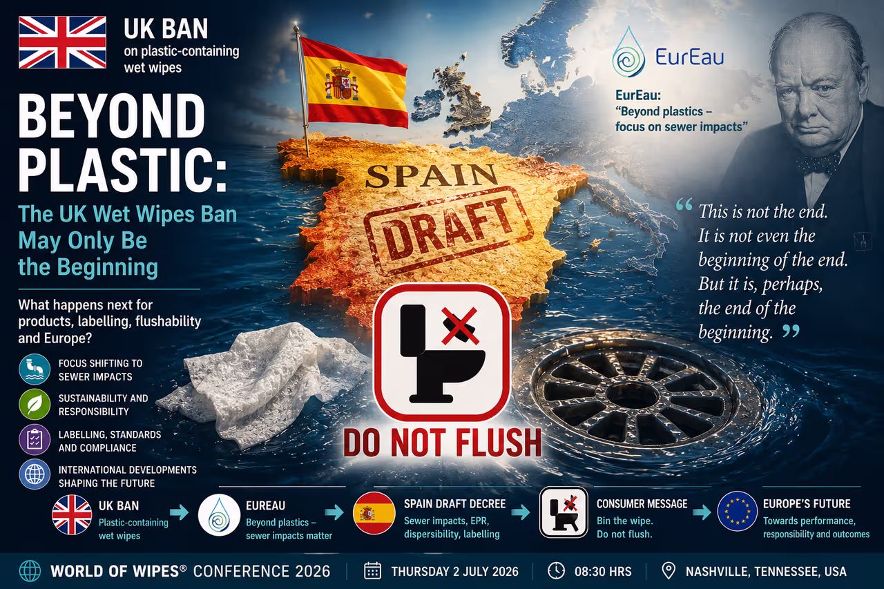 Beyond Plastic infographic — UK wet wipes ban, Spain's draft decree, EurEau's focus on sewer impacts and Europe's future, presented at World of Wipes 2026